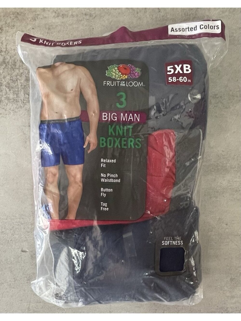 Fruit of the Loom Big Man Knit Boxers 3 Pack 5XB 58-60 Assorted Colors